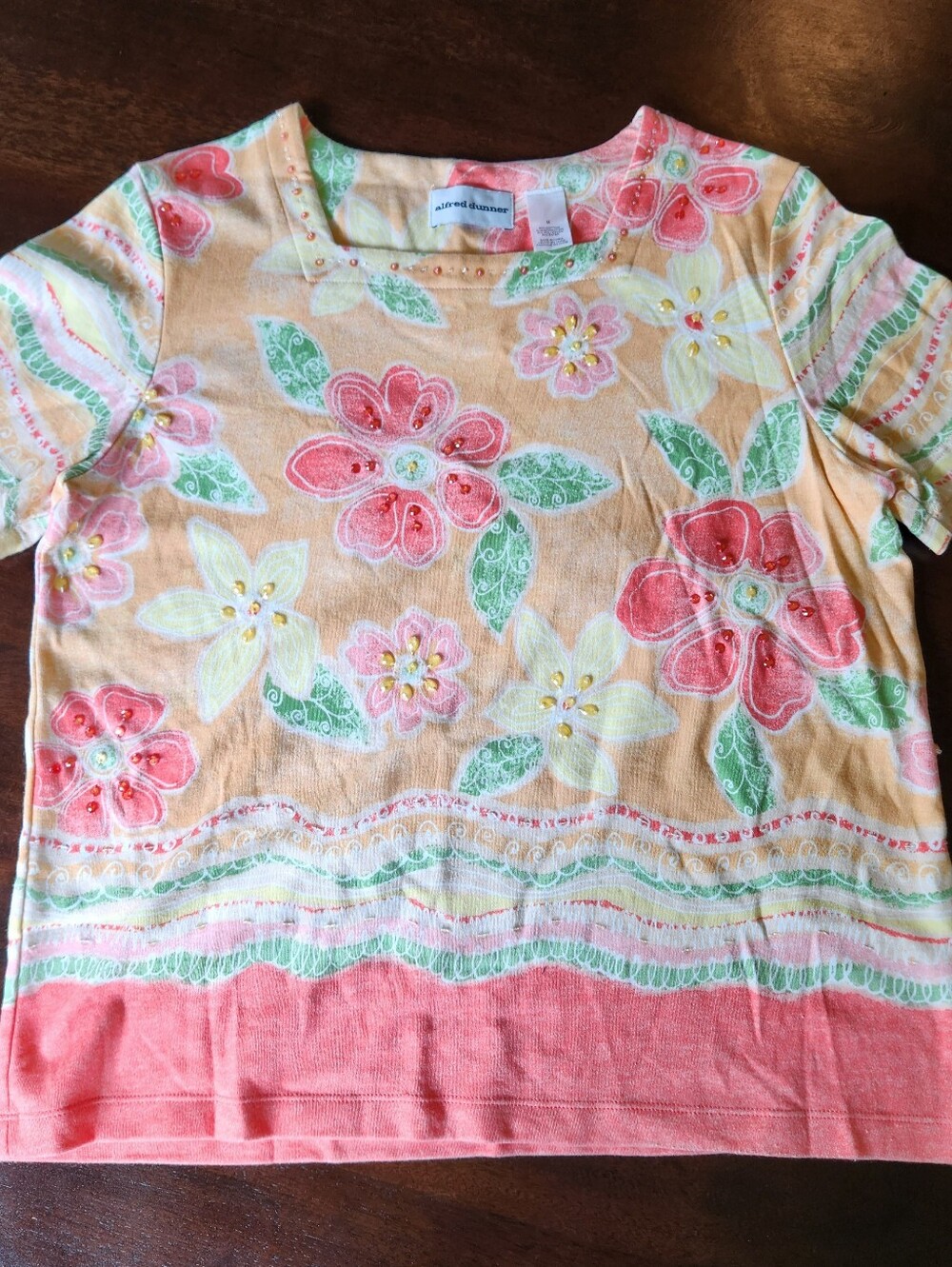 Alfred Dunner Peach Floral Short Sleeve Top with Coral Hem